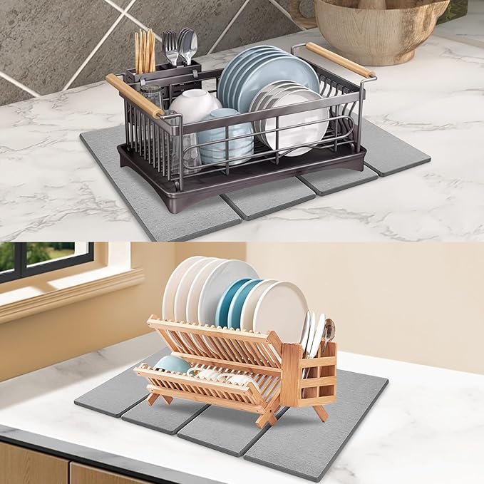 Large Stone Dish Drying Mat for Kitchen Counter, Dish Drying Mat, Fast Water-Absorbing, Diatomaceous Earth Non-Slip Stone Mat, Multi-Purpose Foldable Dish Drying Stone Mat, 24"(L)×16"(W)