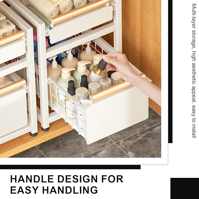 2 Tier Pull-out Storage Organizer, Slide Out Kitchen Cabinet Storage Sliding Shelves, Under Sink Organizers Drawer, Mesh Cabinet Basket with Handle for Bathroom, Home(White, Single Layer L)