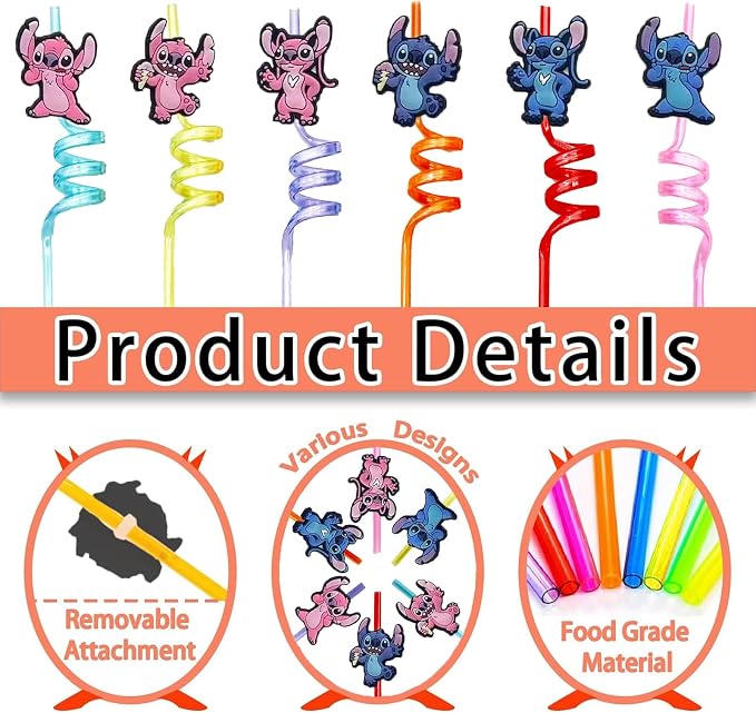 30pcs Stitch Straws Stitch Party Supplies Favors With 2pcs Cleaning Brush Plastic Reusable Straws Birthday Party Supplies For Boys Girls