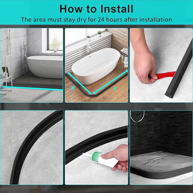Hi-Na 3ft/5ft/6ft/8ft10ft Collapsible Shower Threshold Water Dam Water Barrier for Shower and Water Stopper Keeps Water Inside Water Threshold for Wet and Dry Separation (8ft, Black)
