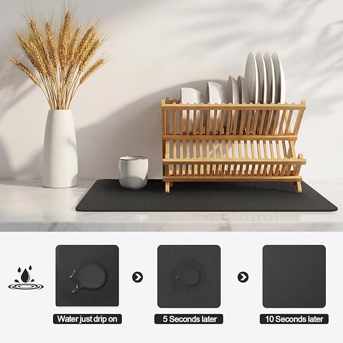 Ecotrim - Dish Drying Mat for Kitchen Counter | Coffee Bar Mat for Countertops | Heat Resistant Drainer Mat with Non-slip Rubber Backed | Hide Stain Kitchen Absorbent Draining Mat | Black 18"x28"