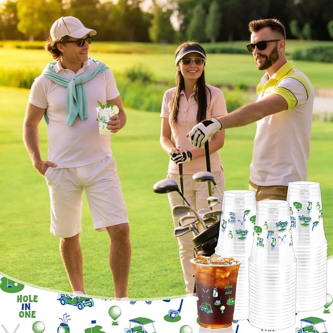 100Pcs Masters Golf Ball Plastic Party Cups, 12oz Blue Green Golf Disposable Clear Cups for Home Sports Party Decorations, Themed Birthday, Holiday Gatherings Favors