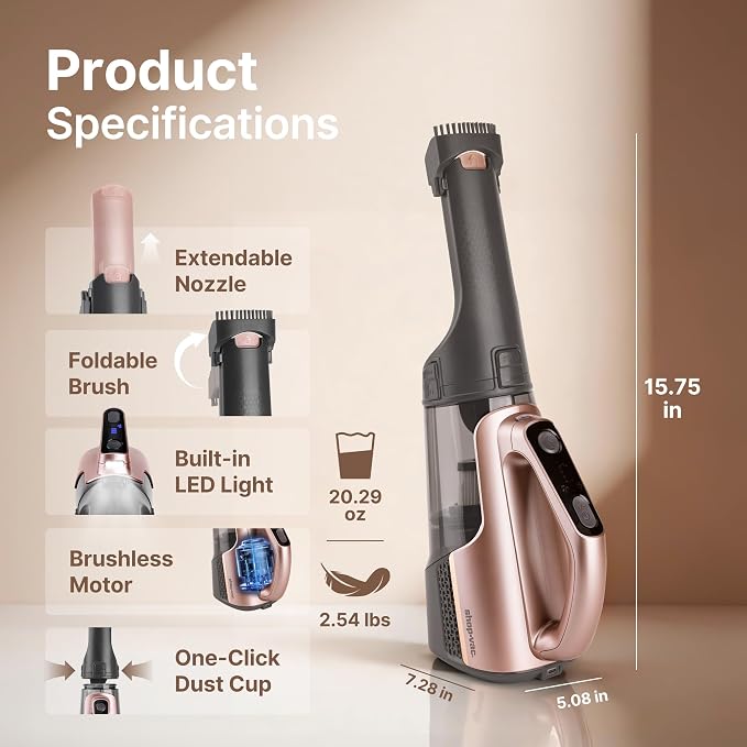 Shop-Vac S4 20V Handheld Vacuum Cordless with Brushless Motor, Rotatable Nozzle, Dual-Speed Powerful 16000 Pa Suction Portable Vacuum for Home & Pet Hair, Wall-Mounted, LED Light, Champagne Gold