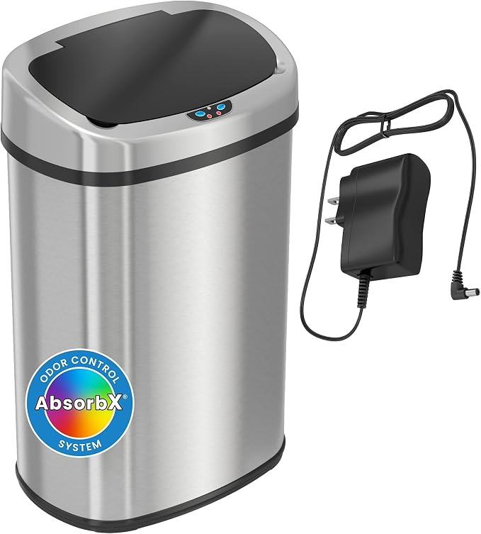 SensorCan 13 Gallon Automatic Touchless Sensor Kitchen Trash Can with Odor Filter and AC Adapter, Stainless Steel Garbage Recycle Bin, Oval Shape, Slim and Space Saving for Home, Office, Business