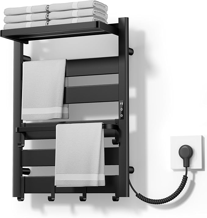 Heated Towel Rack for Bathroom, Wall Mounted Towel Warmer with Top Shelf, Fast PTC Heating in 6 Minutes, 4 Temperature Levels 110–170°F, 2–12H Timer, Space Aluminum Electric Towel Warmer Rack, 350W