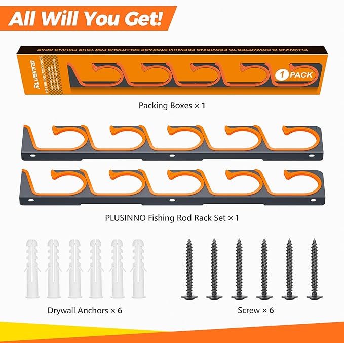 PLUSINNO H5 Horizontal Fishing Rod/Pole Holders for Garage, Wall Ceiling Mounted Fishing Rod Holder, Aviation Aluminum Fishing rod rack Holds up to 5/10/20 Rod or Combos Fishing Gear and Gifts for Men