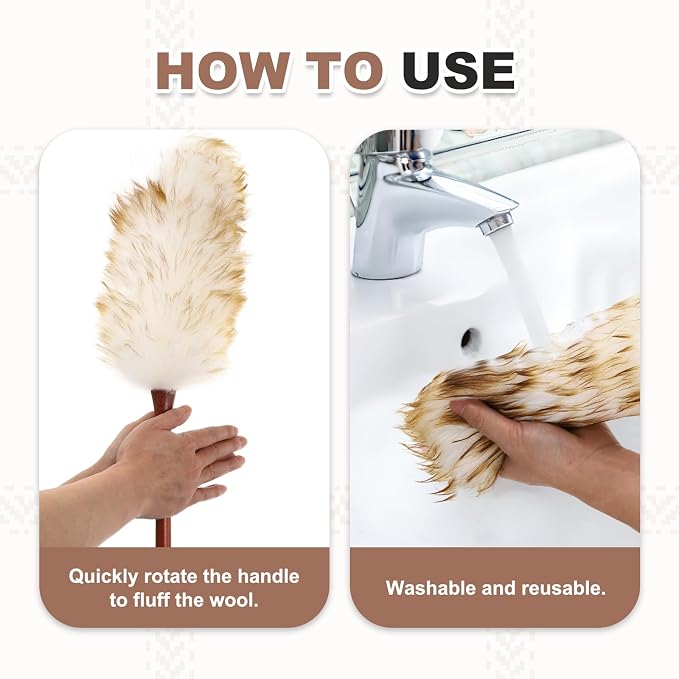 uxcell Wool Duster, 14.2" Natural Feather Cleaner Household Cleaning Duster with Solid Wooden Handle for Cleaning Fans Window Blinds Shelves Furniture, Red