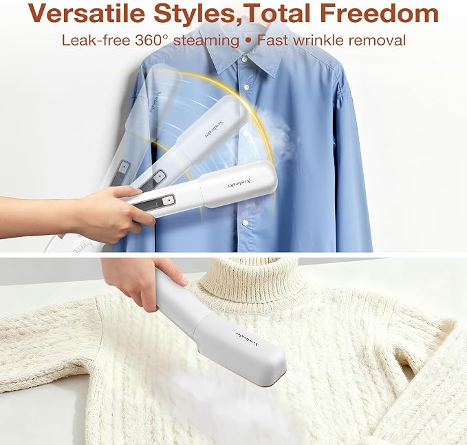 Newbealer 2in1 Travel Iron, 100-240V Clothes Steamer, 2 Steam Levels, Gold | Portable for On-the-Go, Heats in 20s, Dry Iron No Clamp, 180° Rotatable Head, 360° Leak-Proof, Auto-Off, Self-Cleaning, 90ml