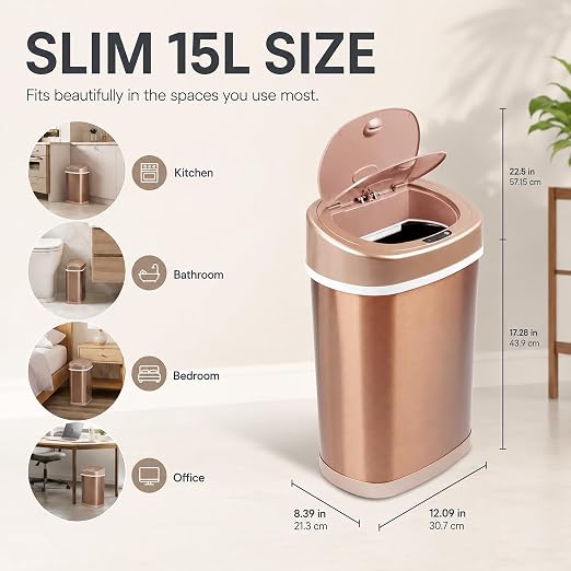 Motion Sensor Trash Can, 15L Touchless Automatic Garbage Can with Lid, Stainless Steel for Kitchen, Bathroom, Office, Quiet Soft-Close, Long Battery Life, Champagne Gold