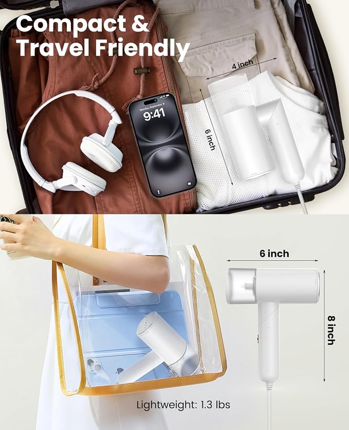 Handheld Steamer for Clothes, 1200W Foldable Travel Steamer, 20 Sec Preheat Garments Wrinkle Remover, 120V Portable Hand Iron with 150ml Water Tank, Clothes Steamer for Home Travel White