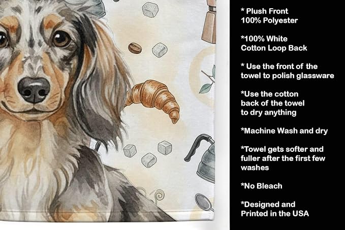 Caroline's Treasures Longhaired Dapple Dachshund Coffee Bar Kitchen Towel Velour Plush Front and Cotton Loop Back Machine Washable