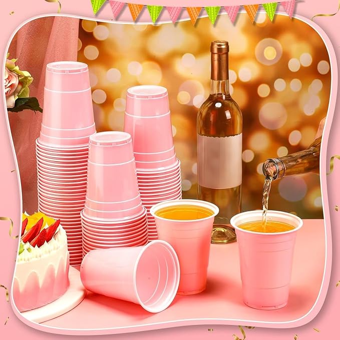 Lounsweer 100 Pcs 16 oz Disposable Party Cups Plastic Heavy Duty Drinking Water Cups for Birthday Baby Shower Wedding BBQ Picnic Party Supplies(Light Pink)