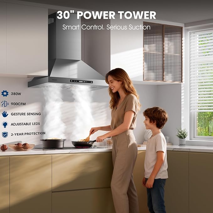 30-inch Wall Mount Range Hood, 900 CFM Ducted/Ductless Kitchen Vent Hood with Full Copper Motor, Triple Smart Controls (Gesture/Remote/Touch), Tunable LED Lighting, Stainless Steel