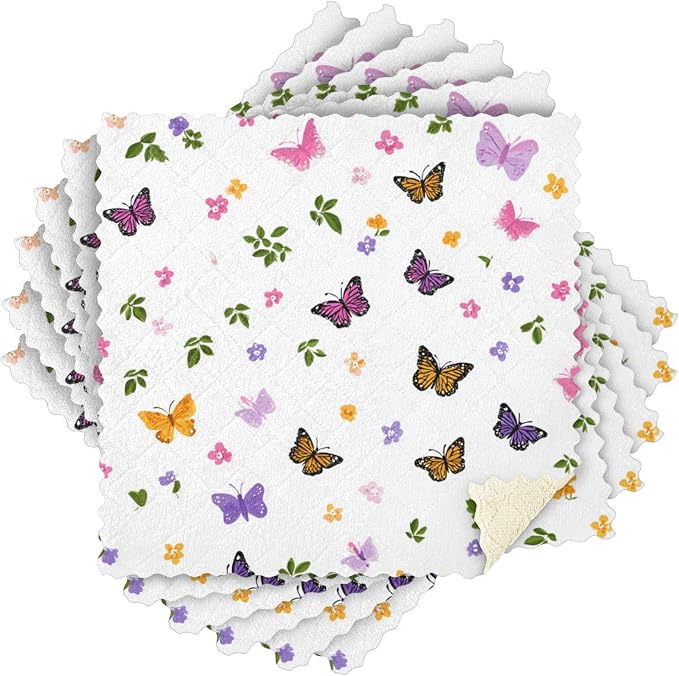 Pretty Butterfly Flower Kitchen Towels Dish Cloths Set of 6 Microfiber Cleaning Cloths for Cars Super Absorbent Machine