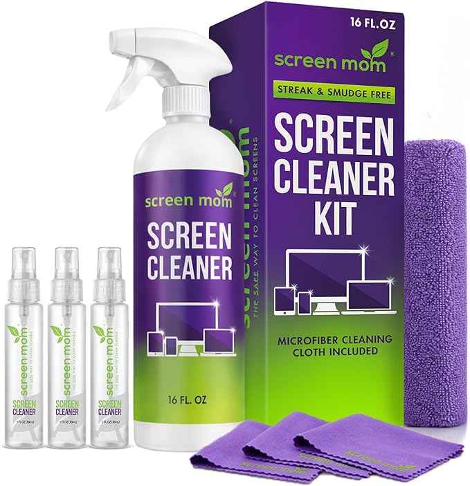 Screen Mom Ultimate Cleaning Kit - 16oz & 3 Pack 1 Oz TV Screen Cleaner Spray with Microfiber Cloth, Monitor Spray Cleaners Wipes Set for TV, Laptop, Car, Phone, iPad, Computer Cleaning Kit