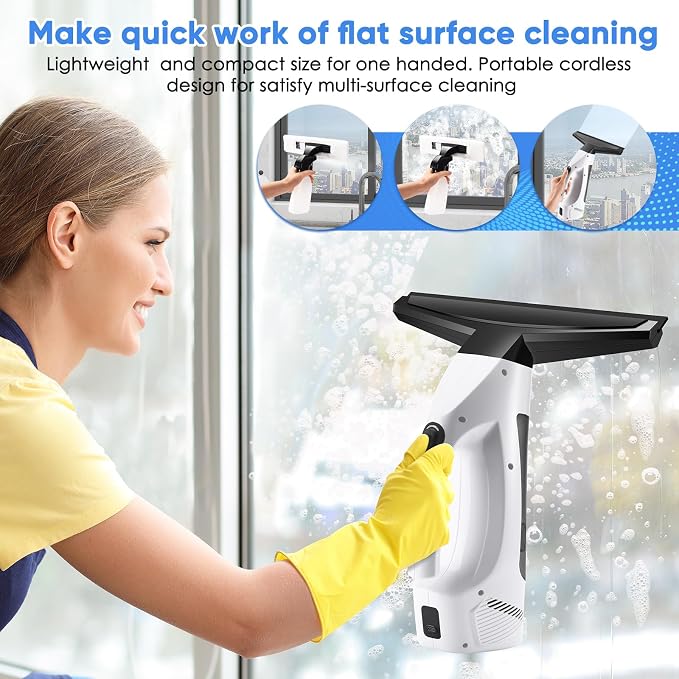 Window Vacuum Squeegee Cordless, 2000Pa Electric Window Vacuum Cleaner with 200ML Water Tank, Rechargeable Electric Squeegee for Windows, Tiles, Mirrors, Showers, Glass, 2200mA