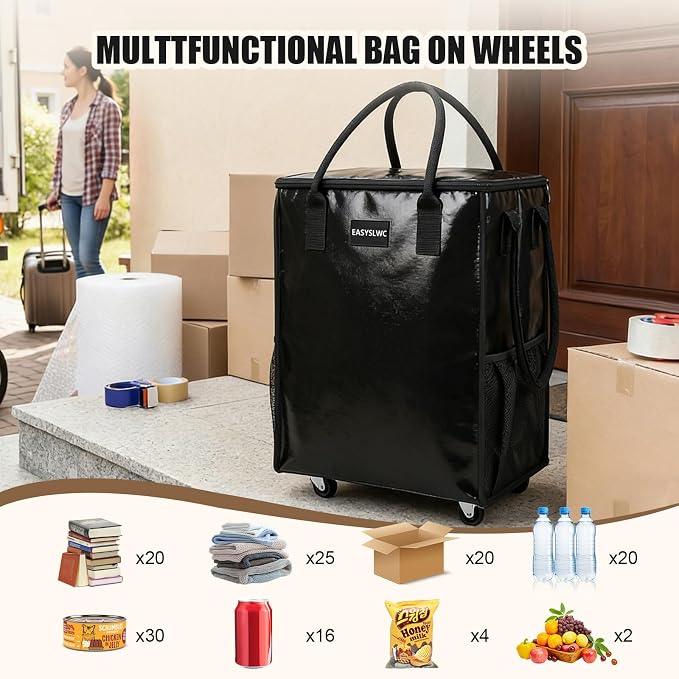 Reusable Grocery Bag on Wheels, Portable Tote Bag Shopping Bag with Wheels, Rolling Tote Bag Collapsible with Wheels for Groceries, Organization or Moving, Heavy Duty Utility Tote Bag