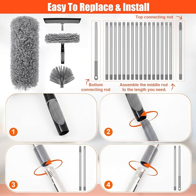 30 Feet High Reach Duster Kit with 2-24 ft Extension Pole High Ceiling Dusting and Window Cleaning Kit with Window Washer & Squeegee, Cobweb Duster, Washable Head for Ceiling Fan (Gray)