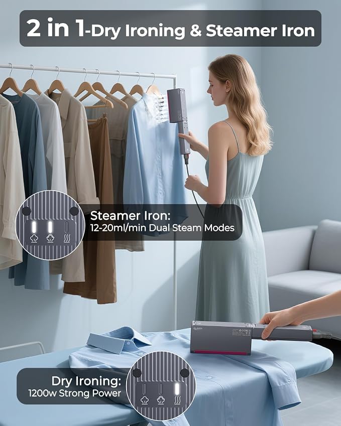 Travel Steamer for Clothes, 1200W Dual Voltage 110-220V Portable Handheld Steamer with Pluggable Cable & Foldable Design, 15s Fast Heat, 2 in 1 Steam Iron with 110ml Tank for Europe, Global