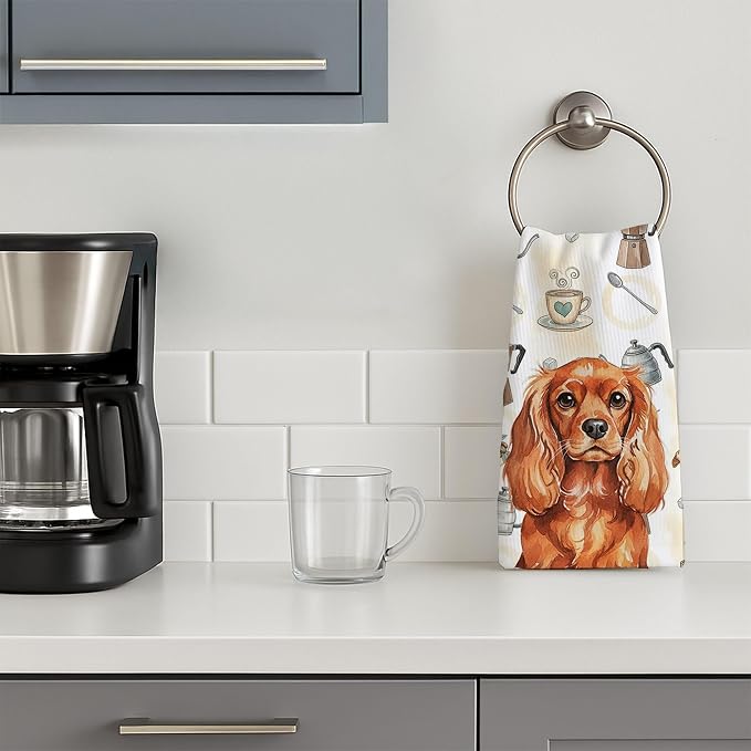 Caroline's Treasures Ruby English Toy Spaniel Coffee Bar Kitchen Towel Velour Plush Front and Cotton Loop Back Machine Washable