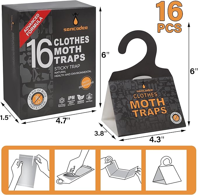 Sancodee 16 Pack Clothes Moth Traps with Natural Pheromones, Clothing Moth Hanging Glue Trap, Sticky Boards for Closets Moths