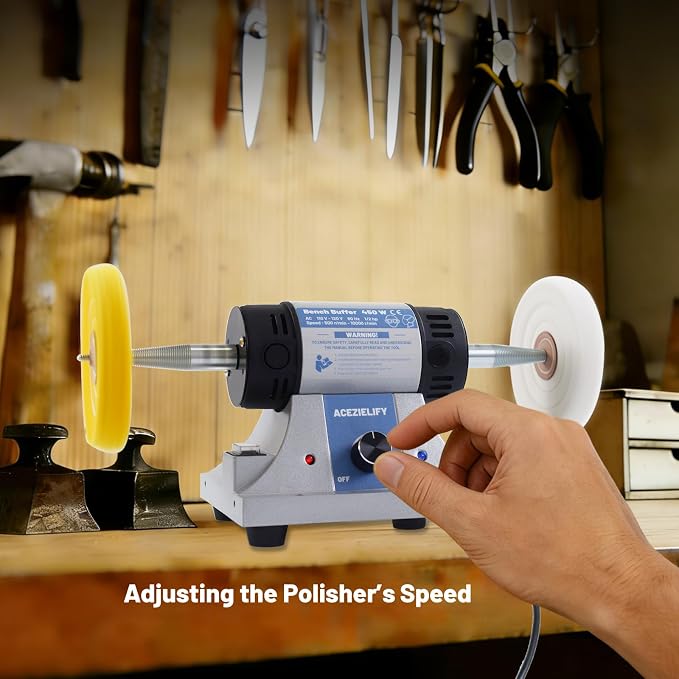 450W Jewelry Polisher, Variable Speed Bench Polishing Machine, Profesional Desktop Buffer Motor with 4'' Cotton, 3'' Fiber Buffing Wheels, Safe Glasses, Polish Compound for Jewelry Metal