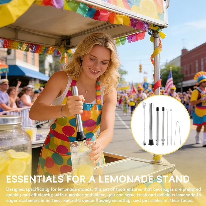 7PCS Straw Hole Puncher Set,2pcs Straw Puncher for Lemonade Plastic Lids Cups,& Cocktail Muddler for Lemonade Mixing Rod Spoon,Ice Tweezers,2pcs Brush,for Lemonade Stands Supplies