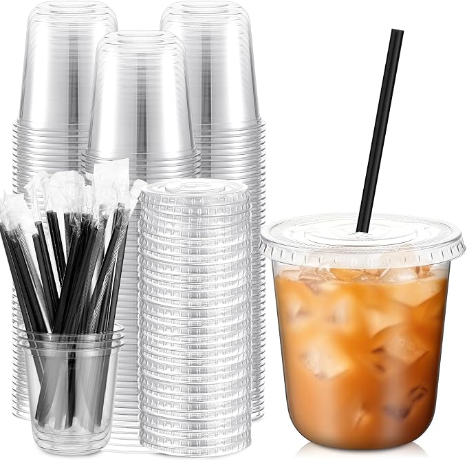 Ziliny 100 Set Clear Plastic Cups with Lids and Straws, Disposable Iced Coffee PET Cups for Drinking Cold Beverage Juice Parfait Smoothie Milkshake Coffee Shops Party Supplies (12 oz)