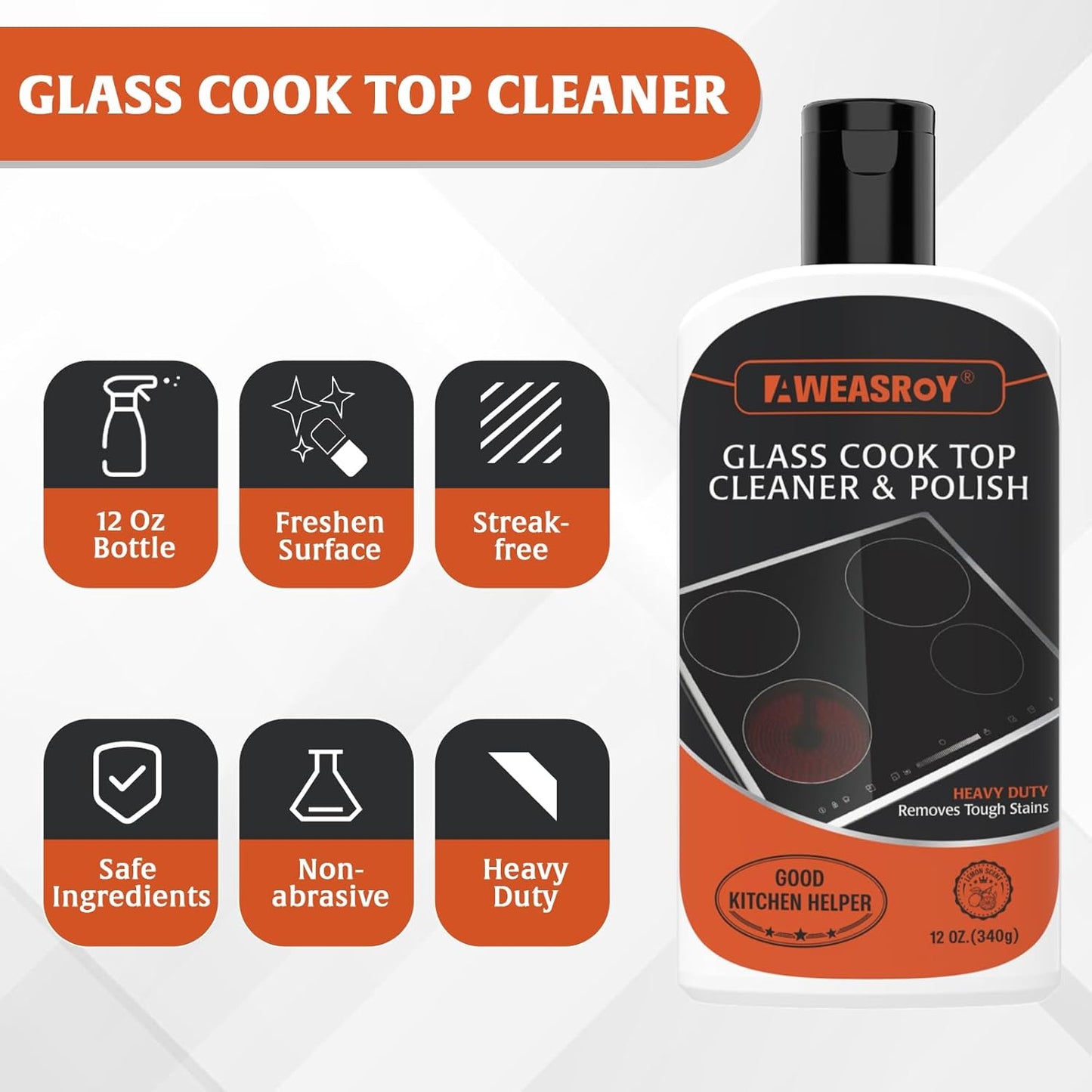 Glass Stove Top Cleaner Kit 12 oz, Cooktop Cleaner and Polish Non-Abrasive No Scratch Removes Tough Stains, with Scrubbing Pad, Handle, Scraper, Cloth
