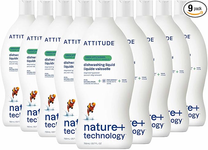 ATTITUDE Dish Soap, EWG Verified, Plant-Based & Vegan Dishwashing Liquid, Naturally Derived, Green Apple and Basil Scent, 23.7 Fl Oz (Pack of 9)