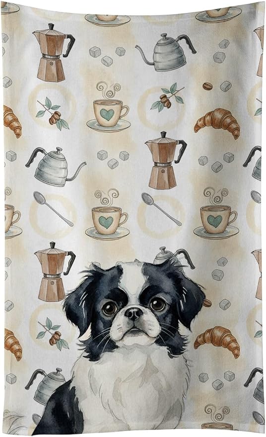 Caroline's Treasures Black and White Japanese Chin Coffee Bar Kitchen Towel Velour Plush Front and Cotton Loop Back Machine Washable