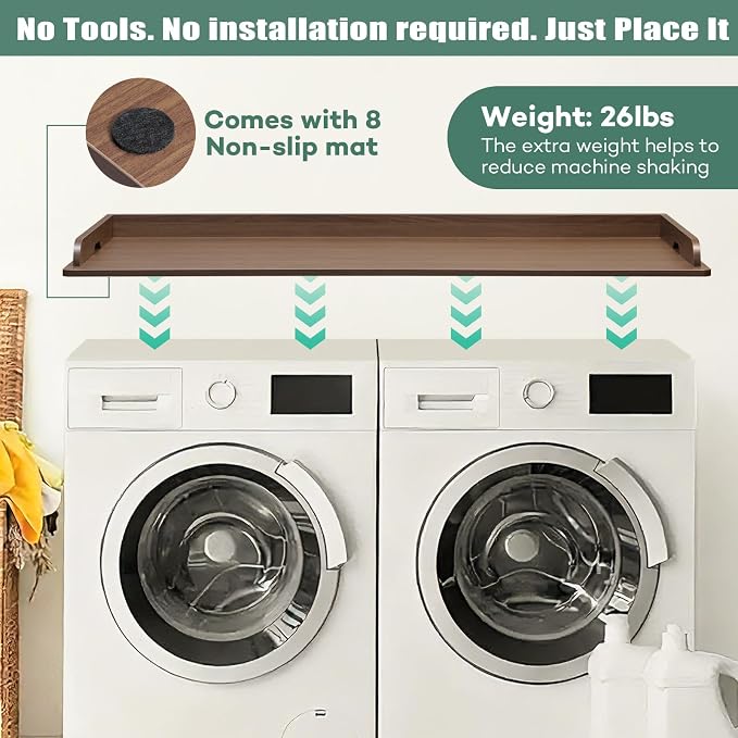 Washer Dryer Countertop, 54 x 27.5 Inch Washer Dryer Topper, Laundry Topper for Washer and Dryer, No Installation MDF Top with Raised Edge, Walnut
