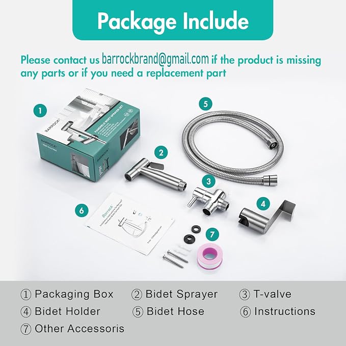 BARROCK Handheld Bidet Sprayer for Toilet, Stainless Steel Metal Made Baby Cloth Diaper Spraying Kit, Bathroom Toilet Bidet Attachment Set for Bathing Pets and Feminine Hygiene, Brushed Nickel