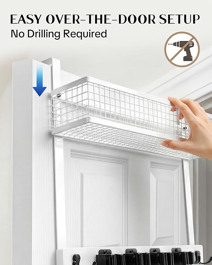 Lorbro Over the Door Broom Holder with Cleaning Supply Organizer, Wooden Mop and Broom Holder Wall Mount, 4 Grips, 4 Hooks, No-Drill Storage Rack, Mop Hanger for Laundry Room, Garage, Storage