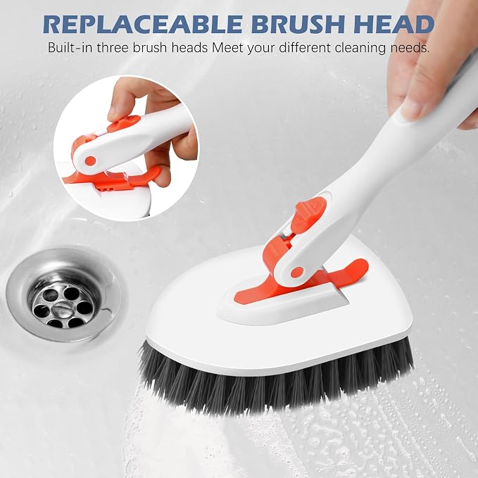 SetSail 4-in-1 Tile Tub Floor Scrubber with 52-inch Adjustable Long Handle Shower Cleaner Brush Comes with Floor Scrub Brush and 3 Replacement Brush Heads for Cleaning Bathroom Tub Tile, Orange