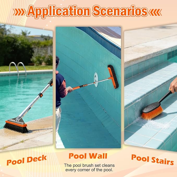 SISIUPASSIE Pool Brush Kit with Pole, Upgrade 18" Pool Brush and High-Efficiency Stainless Steel Bristles Brush with Telescopic Pole for Cleaning Pool Walls, Curved Ends, Tiles & Floors, 16 FT