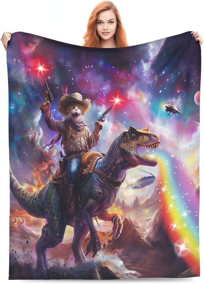 Funny Cat Dinosaur Blanket Galaxy Space Rainbow Decor Throw Blanket Cozy Plush Flannel Fleece Warm Soft Lightweight Fuzzy Blanket Funny Gifts for Boys Girls Teens Women for Bed Sofa Couch 60"X80"