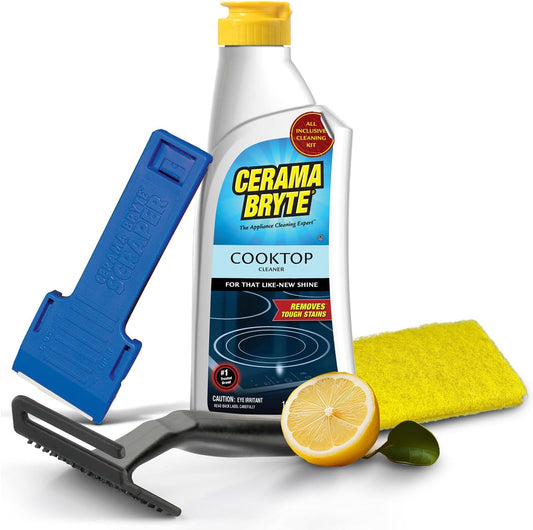 Cerama Bryte Glass Cooktop and Stove Top Cleaner Combo Kit - Includes Cleaning Tool, Razor, Scraper and 1 Pad to Remove Tough Stains - Use on Gas, Electric, Ceramic Surfaces, 10 Ounces, 4 Piece