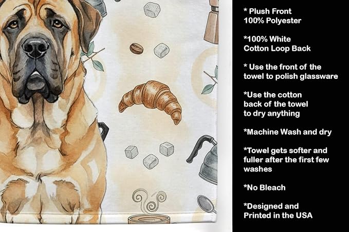 Caroline's Treasures Apricot English Mastiff Coffee Bar Kitchen Towel Velour Plush Front and Cotton Loop Back Machine Washable