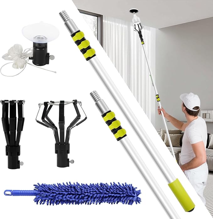 28FT Reach Light Bulb Changer for High Ceilings with Pole & Duster, 5-20FT Telescopic Extension Pole High Ceiling Light Bulb Changer Pole with Baskets Suction Cup for Recessed Lights