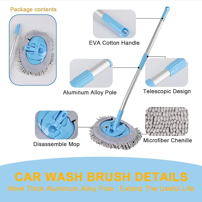 15° Curved Car Wash Brush with 43" Telescopic Handle, Microfiber Chenille Car Wash Mop for RV, SUV, Truck & Boat – Soft Scratch-Free Extendable Cleaning Tool (Light Blue&Silver Gray)