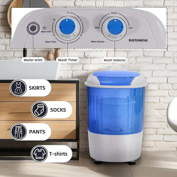Elevon Mini Spin Dryer Portable Washing Machine, Compact Laundry for Home, Apartment, RV, Blue
