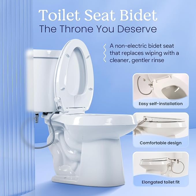 CLEAR REAR Elongated Bidet Toilet Seat – Non Electric Attachment for Toilets, Easy to Install Self Cleaning, Rear & Feminine Wash Nozzles, Adjustable Water Sprayer, Eco Friendly Hygienic Upgrade