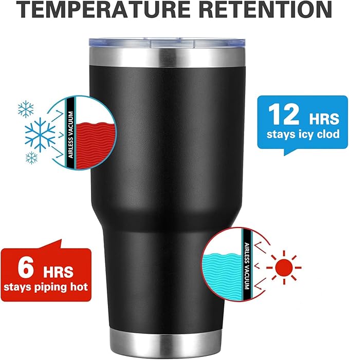 MEWAY 30oz Insulated Tumbler With Lids and Straws,Stainless Steel Double Vacuum Coffee Tumbler Cup, Brush, Durable Powder Coated Coffee Cup for Cold & Hot Drinks, Office, Travel(Black,12 PACK)