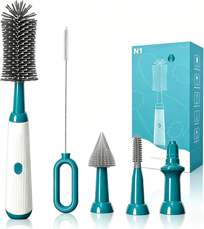 Electric Bottle Brush Set, 6-in-1 Electric Cleaning Brush with Waterproof Silicone Cleaner, 3 Replaceable Brush Heads, Straw Brush & Extension Rod, for Baby Feeding Supplies and Kitchen Utensils