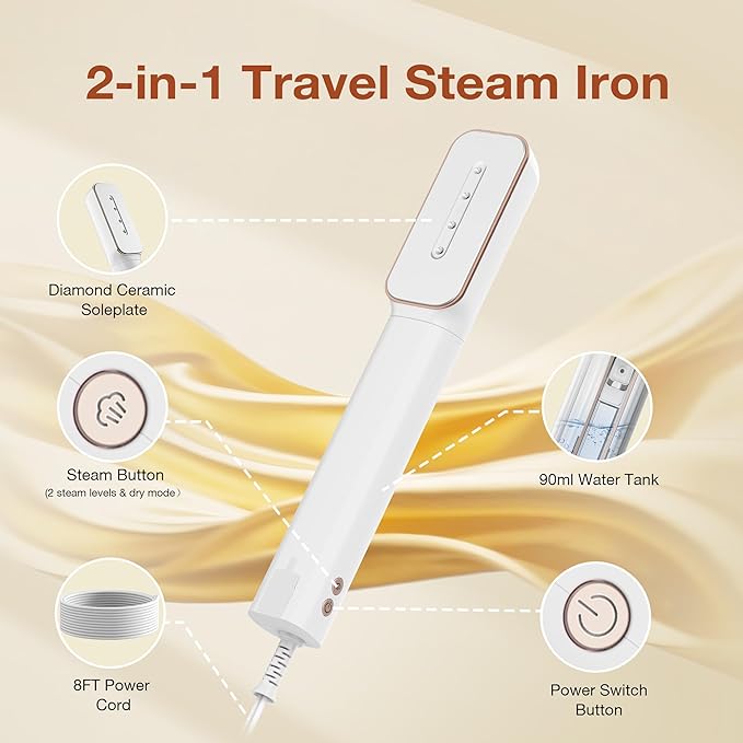 Newbealer 2in1 Travel Iron, 100-240V Clothes Steamer, 2 Steam Levels, Gold | Portable for On-the-Go, Heats in 20s, Dry Iron No Clamp, 180° Rotatable Head, 360° Leak-Proof, Auto-Off, Self-Cleaning, 90ml