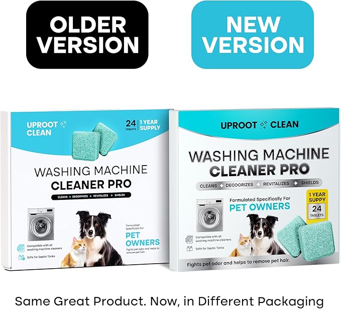 Uproot Clean Washing Machine Cleaner Tablets 24-Pack + Fursprint Pro Pet Hair Removal Tool Bundle, HE/Top/Front Load Compatible Tabs, Help Remove Odor & Reusable Fur Scraper for Couches & Cars