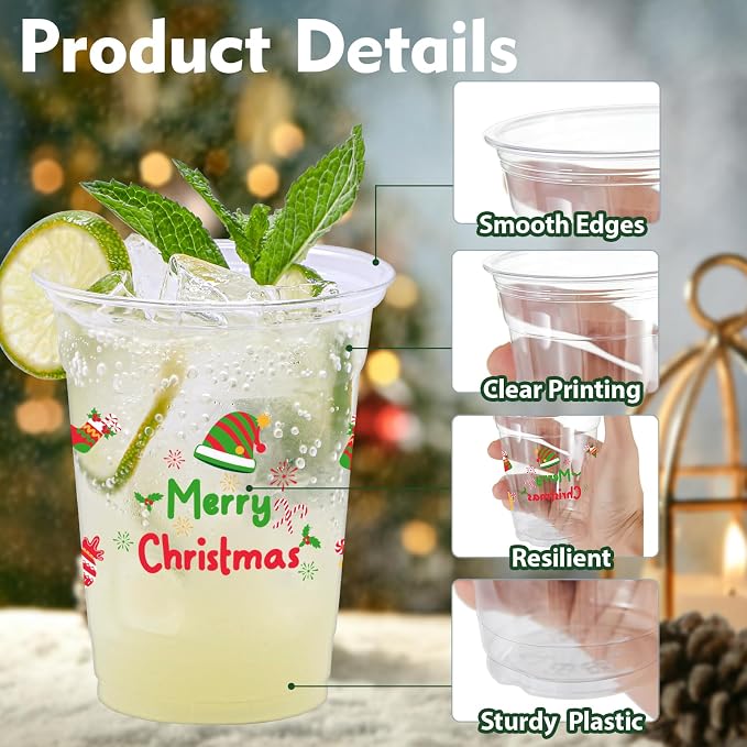 100 Pcs Christmas Party Cups, 12oz Disposable Cups Merry Christmas Disposable Clear Cups Plastic Party Cups for Party Favors Holiday Party Supplies