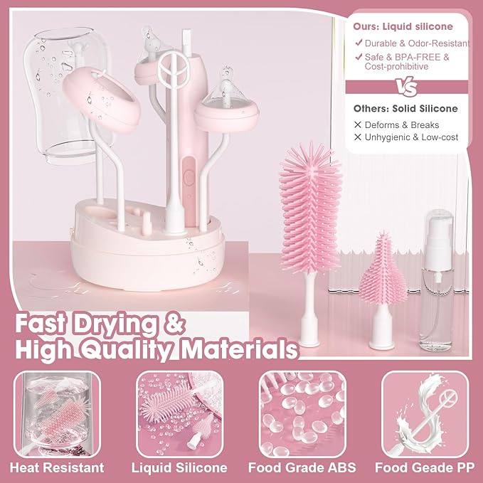 Electric Bottle Brush Cleaner,Electric Baby Bottle Brush Cleaner with Silicone Nipple&Straw Brush,Soap Dispenser,Drying Rack-Waterproof,Long Battery Life,Travel Bottle Cleaner Kit for Babies