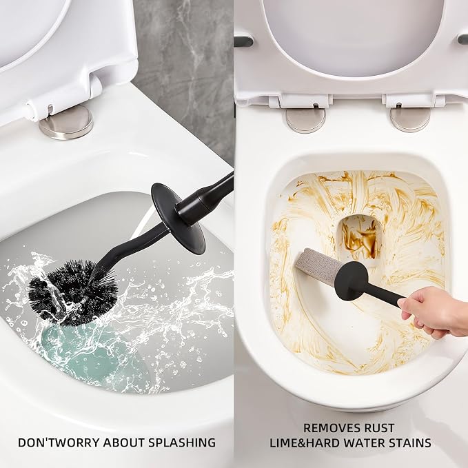 Toilet Brush & Pumice Stone Brush Combo, 2-in-1 Toilet Bowl Brush with Curved Deep Cleaning Brush and Extended Handle, Dual-Slot Holder Set, Compact Size Toilet Cleaner Brush Organizer (Dark Black)